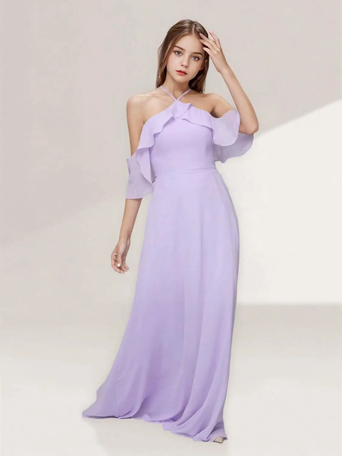 A라인 홀터 주니어 브라이드메이드 드레스 러플 오프숄더 쉬폰 플라워 걸 드레스 웨딩 프로모션 드레스