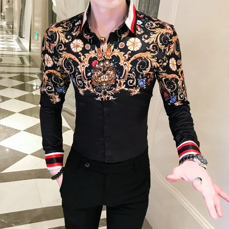 

2025 Golden Fashion Luxury Men's Retro Long Sleeve Shirt Suitable for Party Wearing Printed Button Top