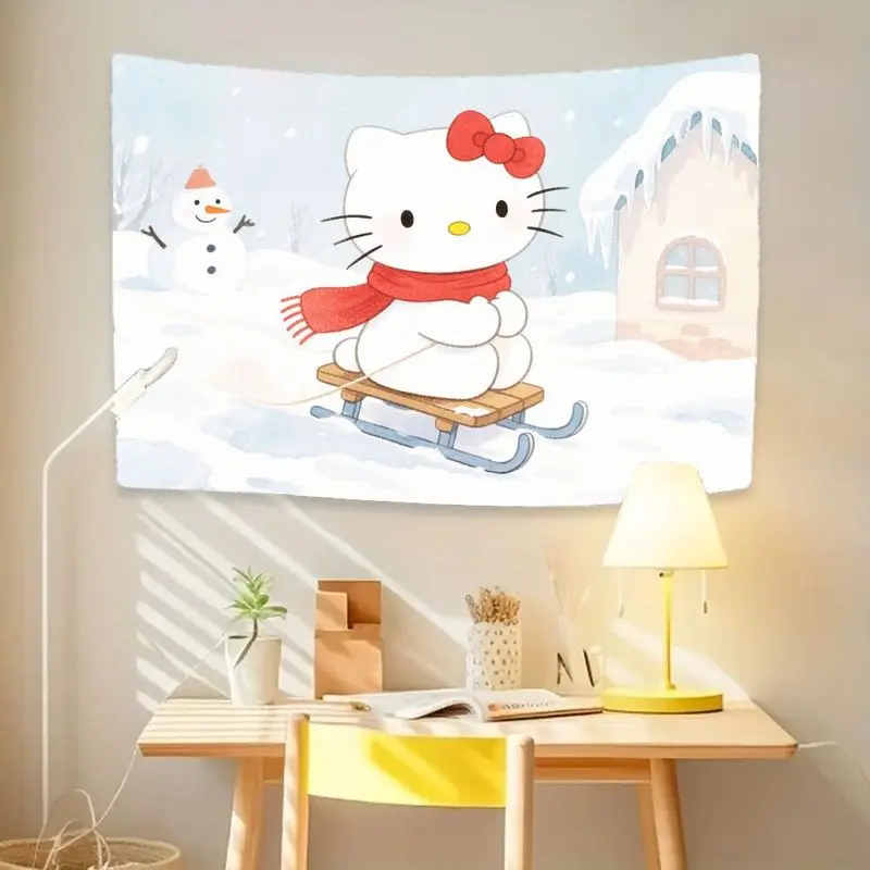 1 Buah Permadani Kereta Luncur Musim Dingin Hello Kitty Lucu Seni Dinding Poliester Nyaman Sempurna untuk Kamar Anak-anak Dekorasi Ruang Tamu Hadiah untuk Pecinta Kucing