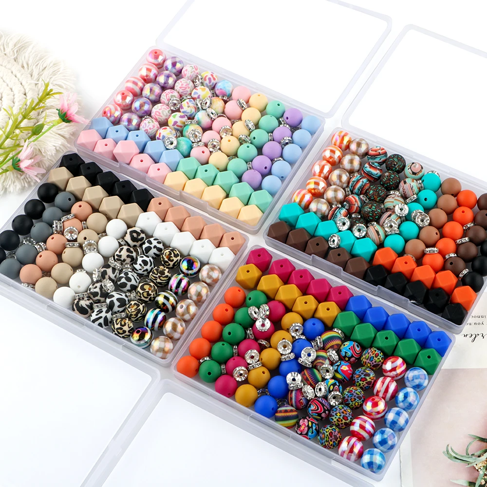 

Kovict 100Pcs/Box Printed Silicone Beads Round Hexagon Loose Bead For Jewelry Making DIY Necklace Bracelet Keychain Accessories