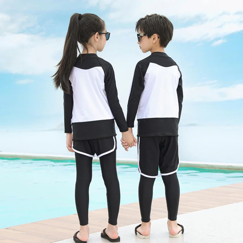 Traje de baño de dos piezas para niños y niñas, traje de baño de retazos con cuello redondo, pantalones cortos de manga larga para playa, 2024