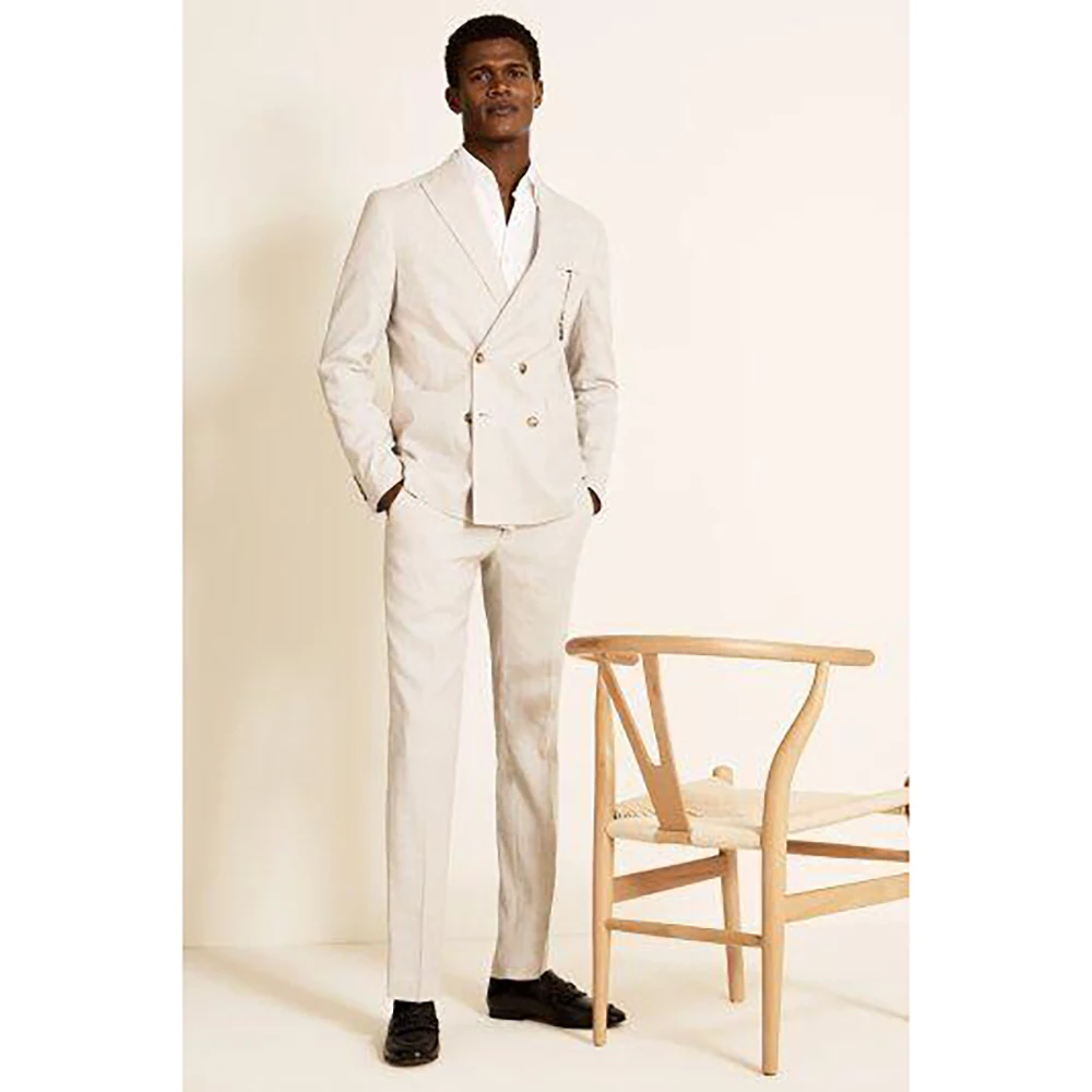 

Summer Beige Linen Double Breasted Men Suit Two Pieces(Jacket+Pants) Lapel Outfits Chic Casual Party Prom Wedding Set