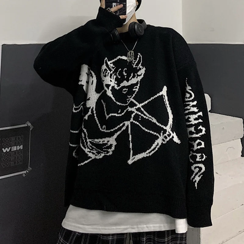 Harajuku Knit Sweater Men Cupid Angel Print Round Neck Pullover Hip Hop Vintage Casual Oversized Jumpers Streetwear Spring Women