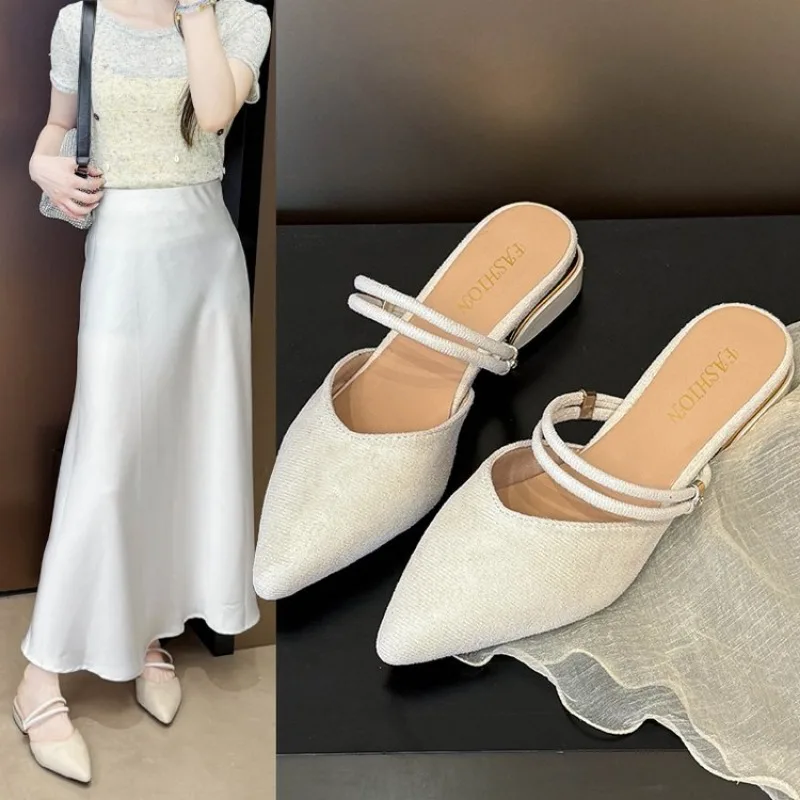 

Summer New Fashion Pointed Toe Fashion Two-wear Comfortable Sandals Thick Heel Sexy Elegant Fashion Slippers Plus Size 43 44 45