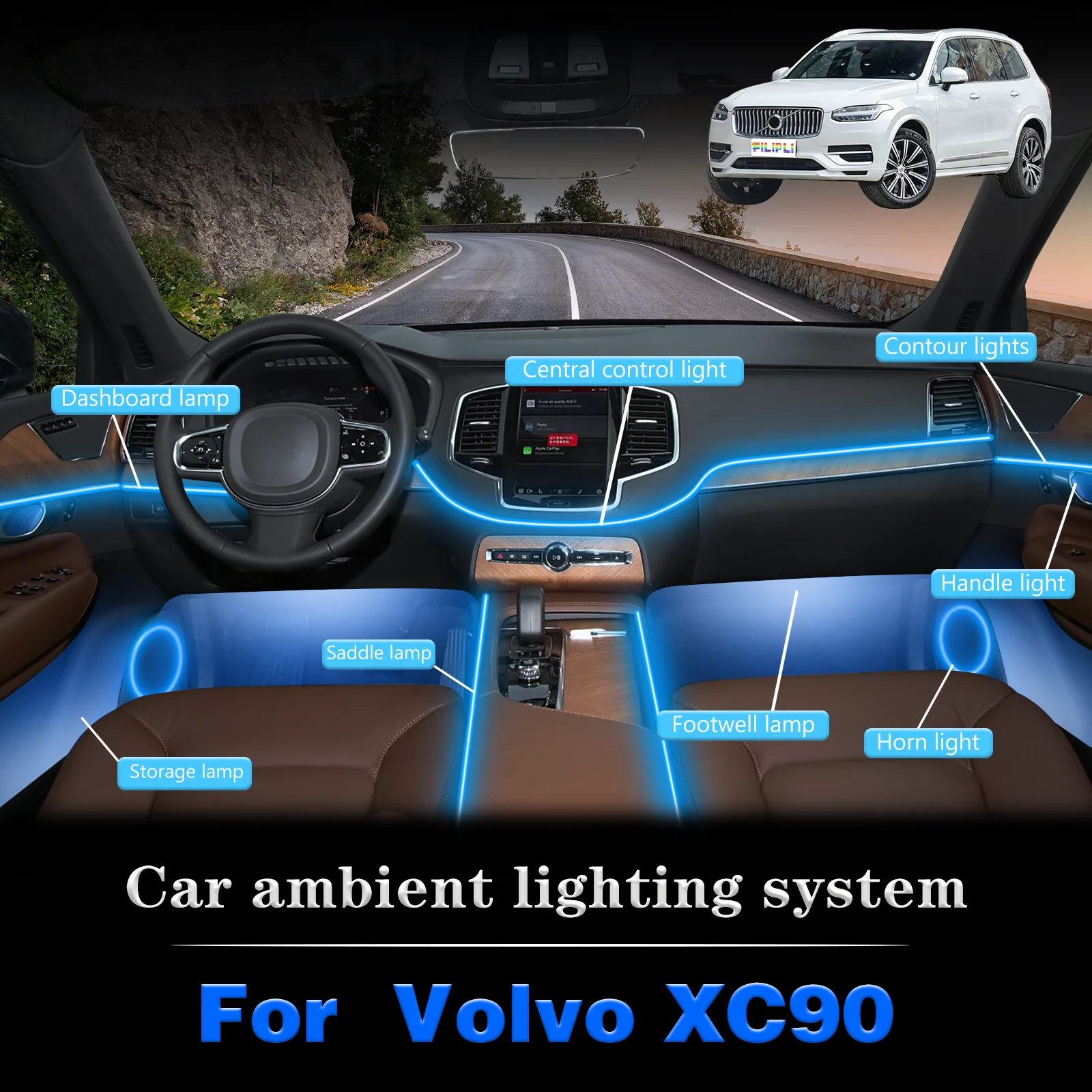 

For Volvo XC90 Car Interior Mood Ambient Light RGB 64-Color LED Smart Remote Control Atmosphere Lamp Energy Saving Kit
