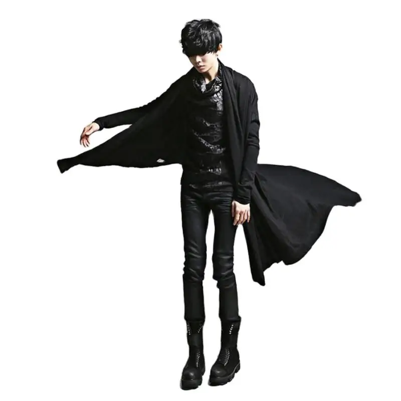 Men Black Gothic Punk Hip Hop Long Trench Coat Cloak Singer Cape Hot Sale Jacket Overcoat Version Outerwear Men Autumn Wear Man