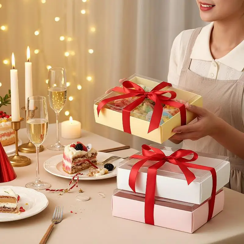 5Pcs Pull‑Out Drawer Paper Gift Boxes With Clear Window Cake Jewelry Packaging Boxes For Wedding Birthday Party Gift Storage