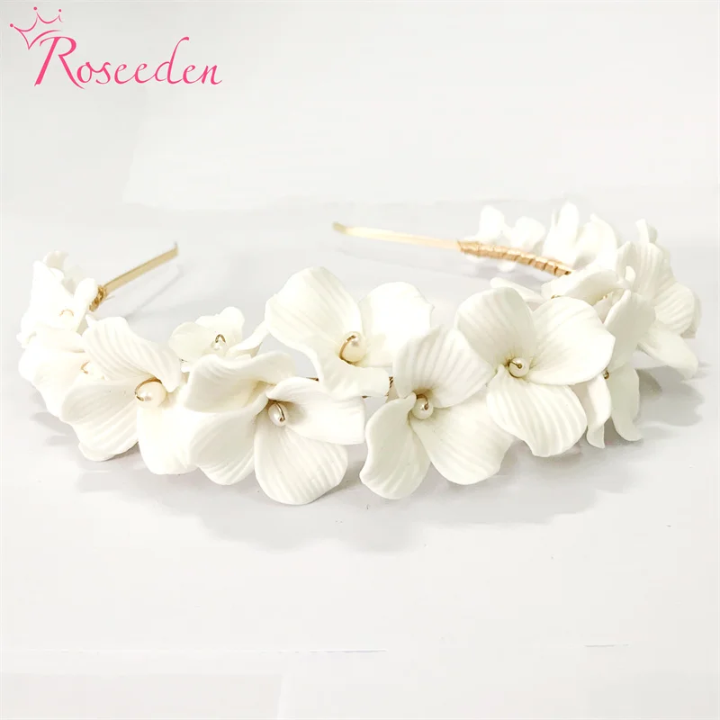 Bridesmaids Hair Jewelry Handmade Freshwater Pearls Bridal Tiara  Rhinestones Ceramic Flower Wedding Headband RE4581