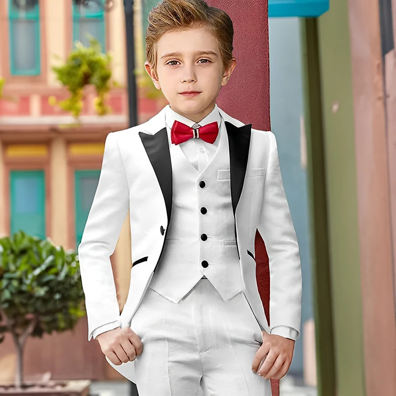 

Elegant White Three-Piece Boys Formal Tuxedo Suit Long Sleeves and Velvet Peak Lapel Ring Bearer Suit High-End Banquet Attire