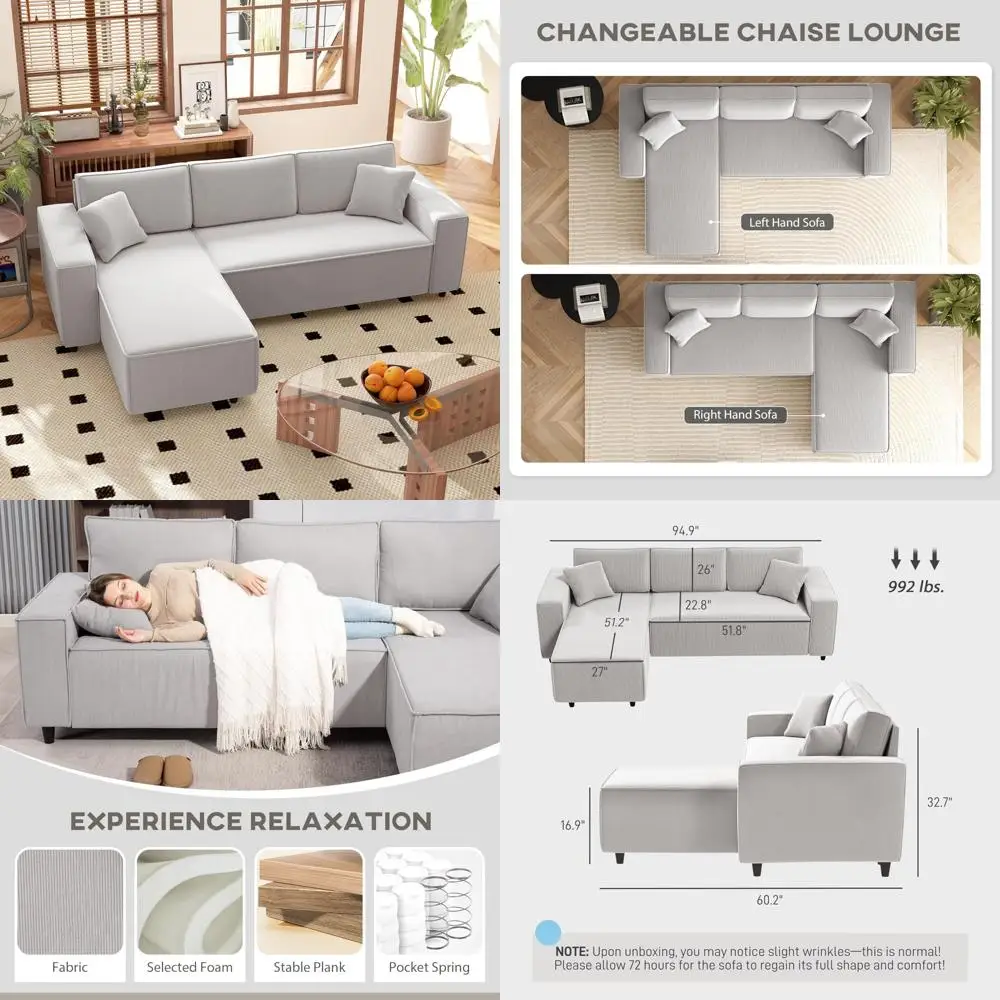 

Двусторонний шезлонг L-образный угловой диван из вельветовой ткани, пружина карманов, 2 подушки, широкая секция для удобных сидений