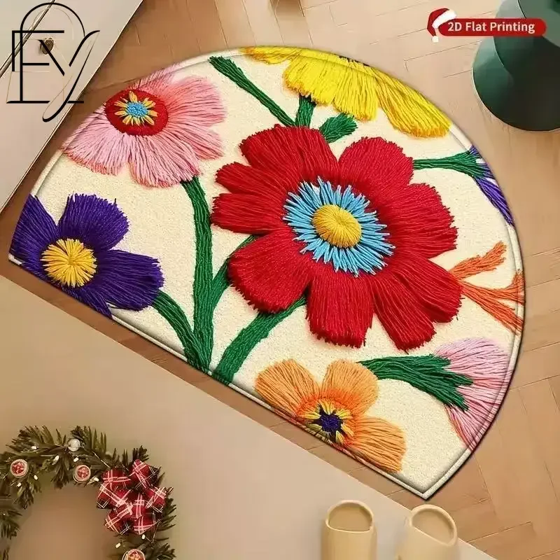 Half Circle Felt Doormat Mandala Medallion in Orange Blue and Purple on Black Non Slip Mat for Hallway Floor