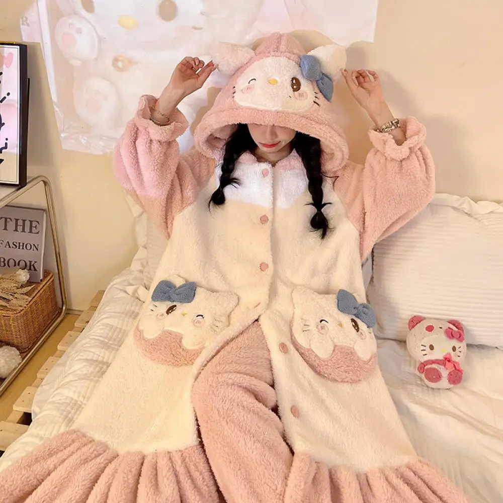2 pçs conjunto de pijamas de pelúcia kawaii chiikawa feminino coral veludo inverno longo veludo engrossado roupão gato com capuz roupas de casa de pelúcia