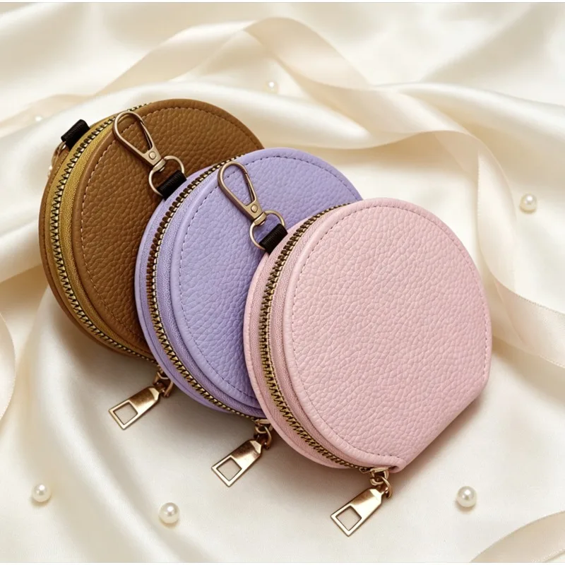 

Customized LOGO Keychain Blank Laser Engrave PU Leather Women's Zipper Coin Purse Portable Round Mini Personalized Hanging Bag