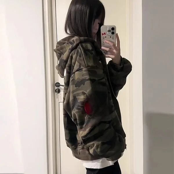 

Американский винтажный камуфляжный открытый кардиган, толстовка, женский свободный ленивый сарафан, оверсайз, на молнии с капюшоном