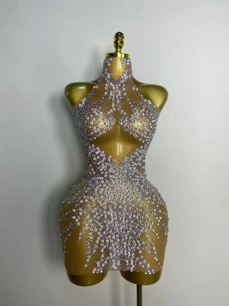 Estoque cantor dançarino mostrar palco wear strass brilhantes sexy malha ver através do vestido festa de formatura celebrar aniversário vestido