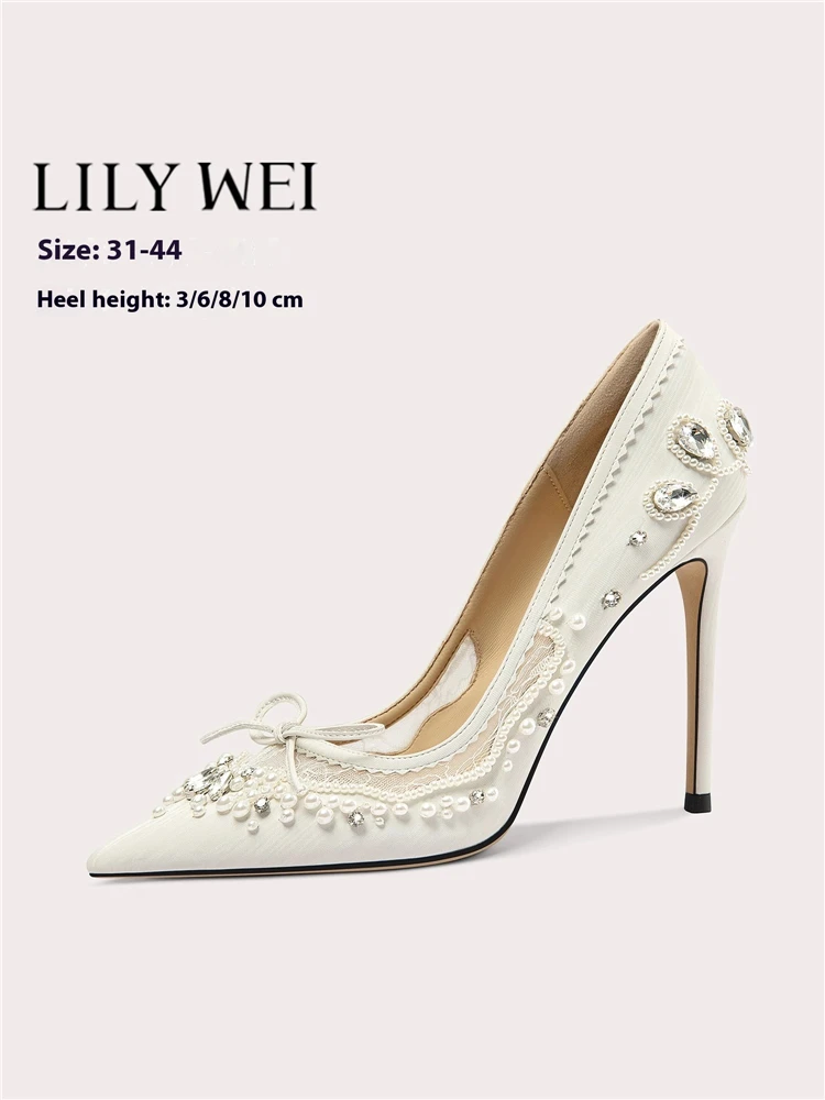 

Stiletto heels spring new pointed cloth lace mesh rhinestone pearl wedding shoes banquet large size small size women's shoes