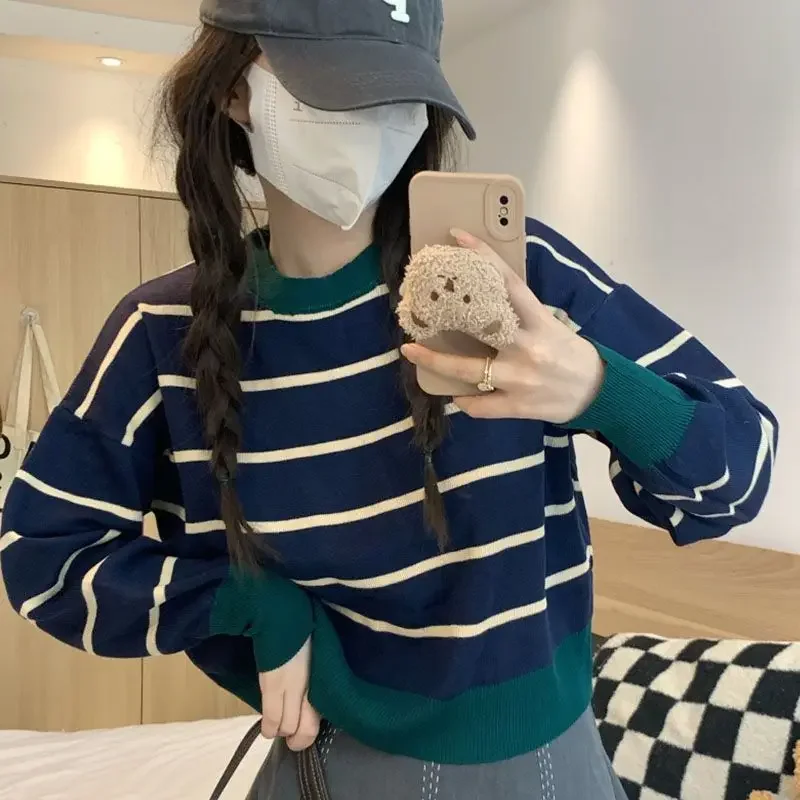 Knitted Top for Women Cute Red Striped Pullovers Ladies Sweaters Kawaii Harajuku Fashion Y2k Vintage Winter 2024 New Knitwear In