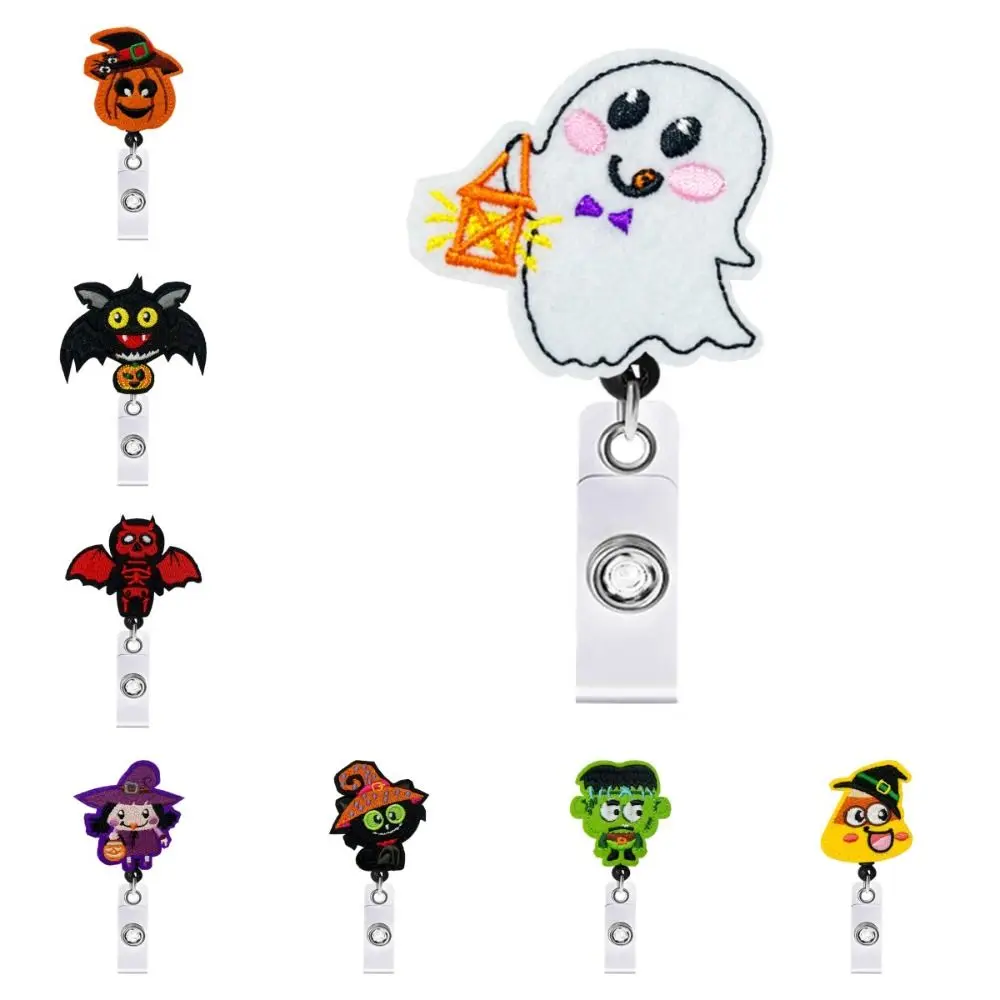 Cartoon Halloween Retractable Badge Reel Pumpkin Ghost Name Card Holder Bat Cat Keys Lanyard Party