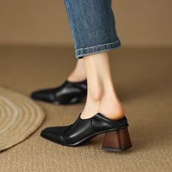 2024 Spring/Autumn Women Shoes Square Toe High Heels Leather Chunky Heel Women Pumps Retro Slip on Black Shoes for Women