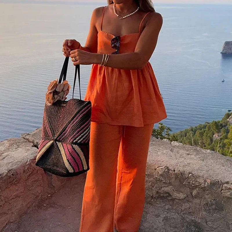 

Casual Vacation Two Piece Set Sexy Off Shoulder Top and Long Pants Outfit Spring Summer Hollow Sleeveless Solid Color Women Suit