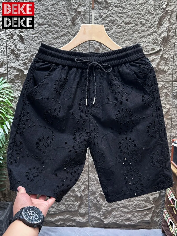 Summer Mens Breathable Hollow Out Shorts Comfortable Elastic Waist Knee Length Vintage Floral Trousers Casual Male Beach Shorts