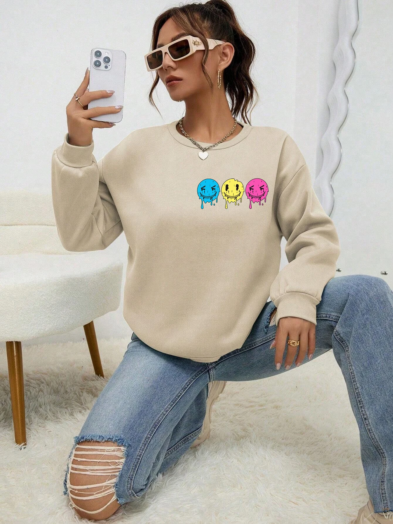 Funny Smiling Face Printed Female Sweatshirt Autumn S-Xxl Tracksuit Simple Comfortable Tops Casual Warm Fleece Clothes Women