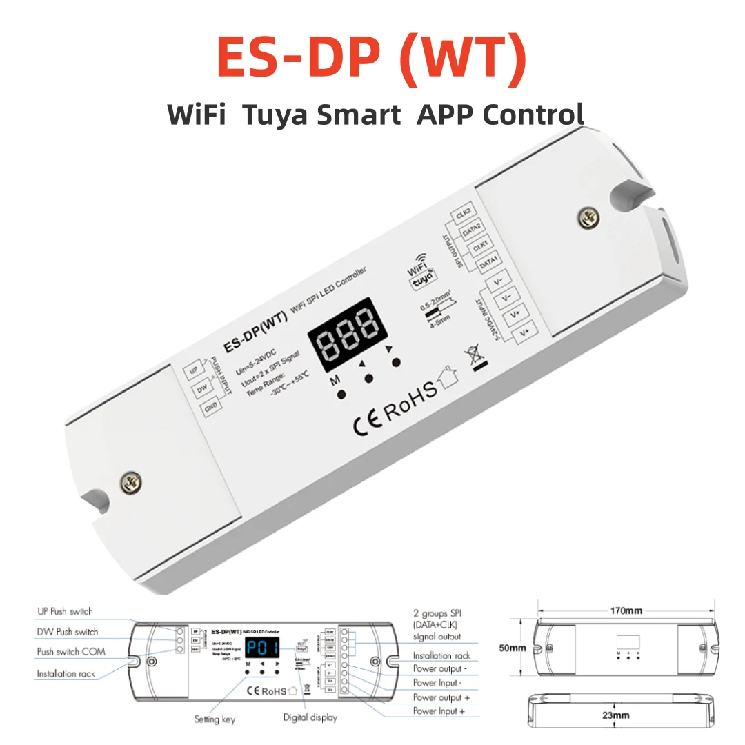 

DC5V-24V Tuya WiFi SPI Controller Dual Push Button Stair Light Controller APP Control for WS2812 WS2811 RGB or White Strip Light