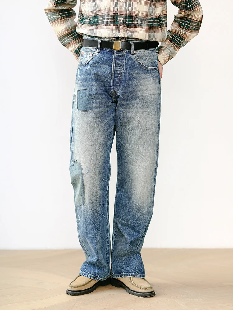 

High-End Heavy-Du Water Waed Patchwork Vintage Straight Leg Loose Jeans Narrow Width MMC Casual American Sle Cotton Jeans