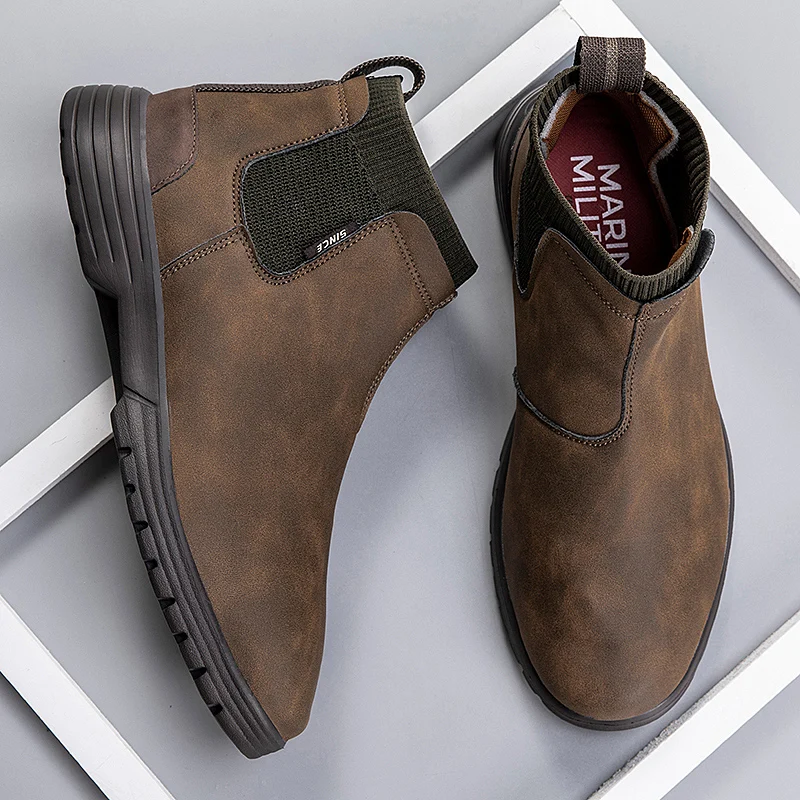 High Top Retro Mens Boots Genuine Leather British Style Flat Boots Fashion Men Casual Boots Mens Handmade Waterproof Ankle Boots