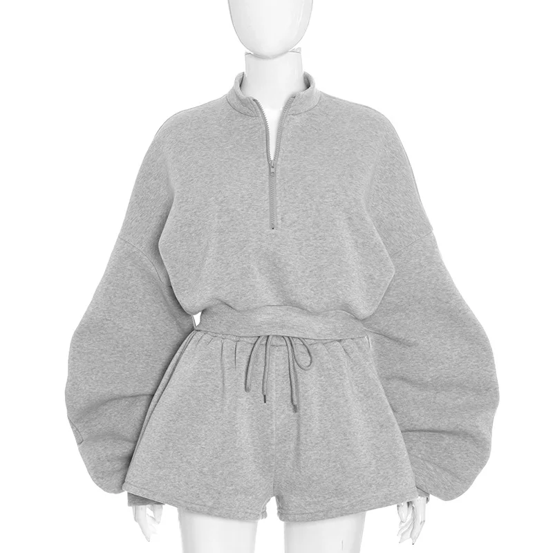 Feminino casual solto 2 peça conjunto o pescoço zíper lanterna manga longa pulôver sweatshirts topos + shorts com cordão streetwear ternos