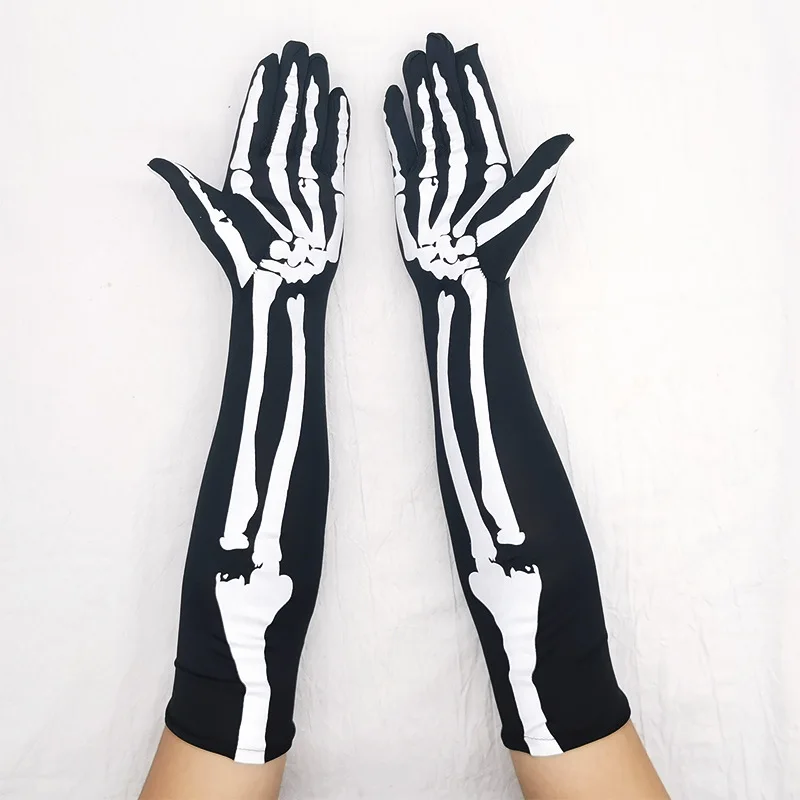 Halloween Ball Party Performance Props Ghost Festival Terror Ghost Claw Black Skull Gloves Cosplay Women\'s Skeleton Long Gloves