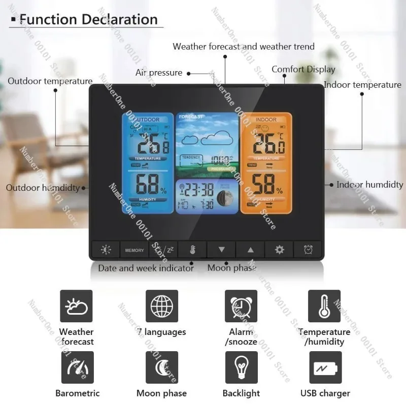 3362 Black Color Screen Perpetual Calendar Clock Indoor Outdoor Thermometer Hygrometer Weather Forecast Alarm Clock