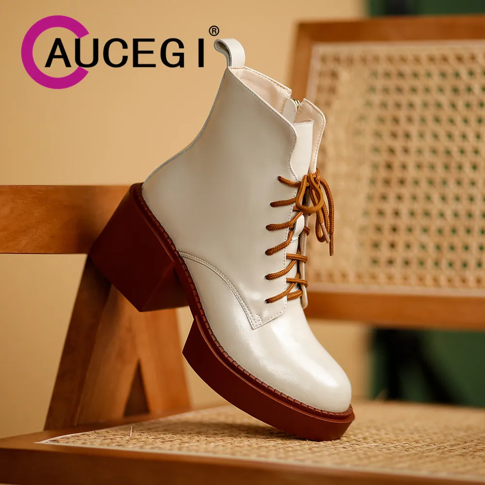 Aucegi 2024 New Women Round Toe Ankle Boots Autumn Winter Stitching Lace Up Platform Chunky Heels Zipper Commuter Casual Shoes