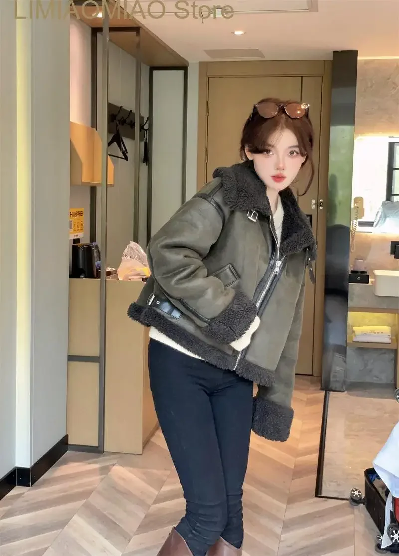 New women's thickened warm fur integrated grab fleece double-sided jacket jacket women's biker top