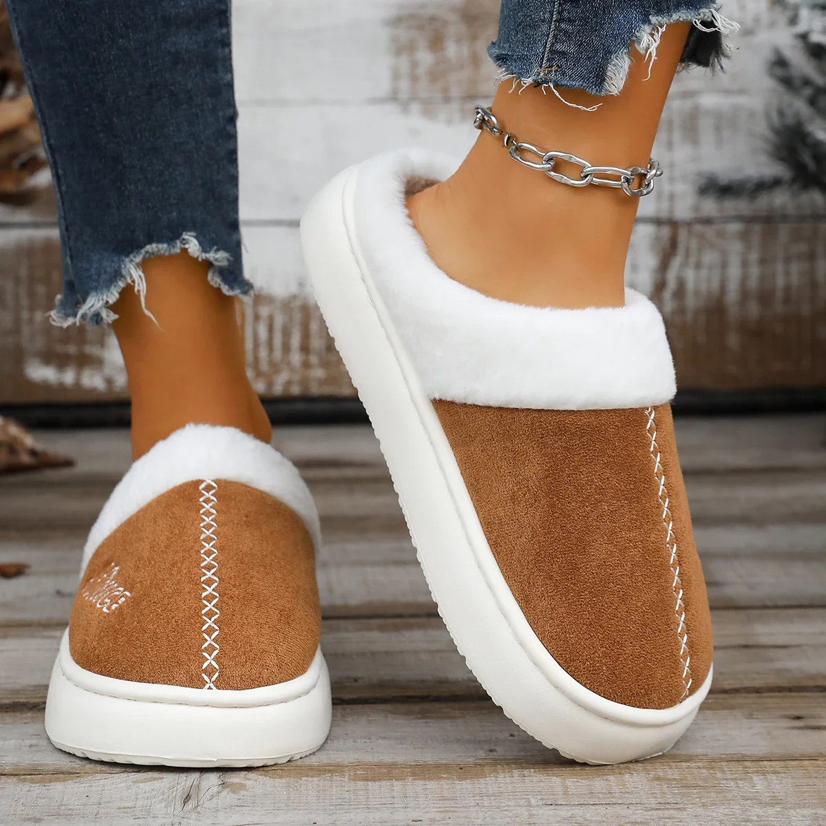 

Новые модные удобные женские тапочки, зимние однотонные однотонные элегантные теплые и повседневные тапочки с круглой головкой на толстой подошве