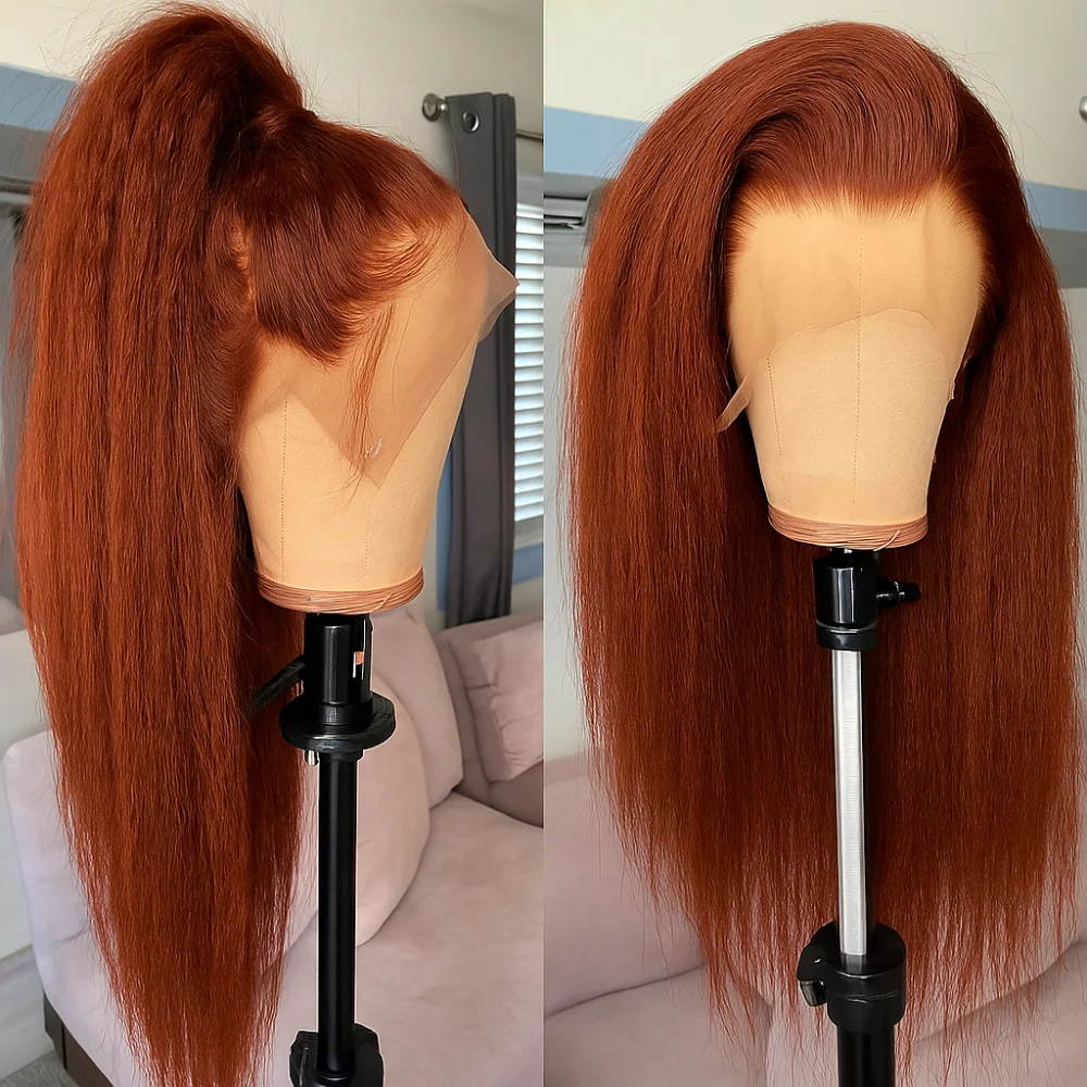 180密度4x4ブラジリアンヘアクロージャーウィッグ赤褐色縮れストレート人毛ウィッグ13x4レースフロント赤褐色ウィッグ女性用