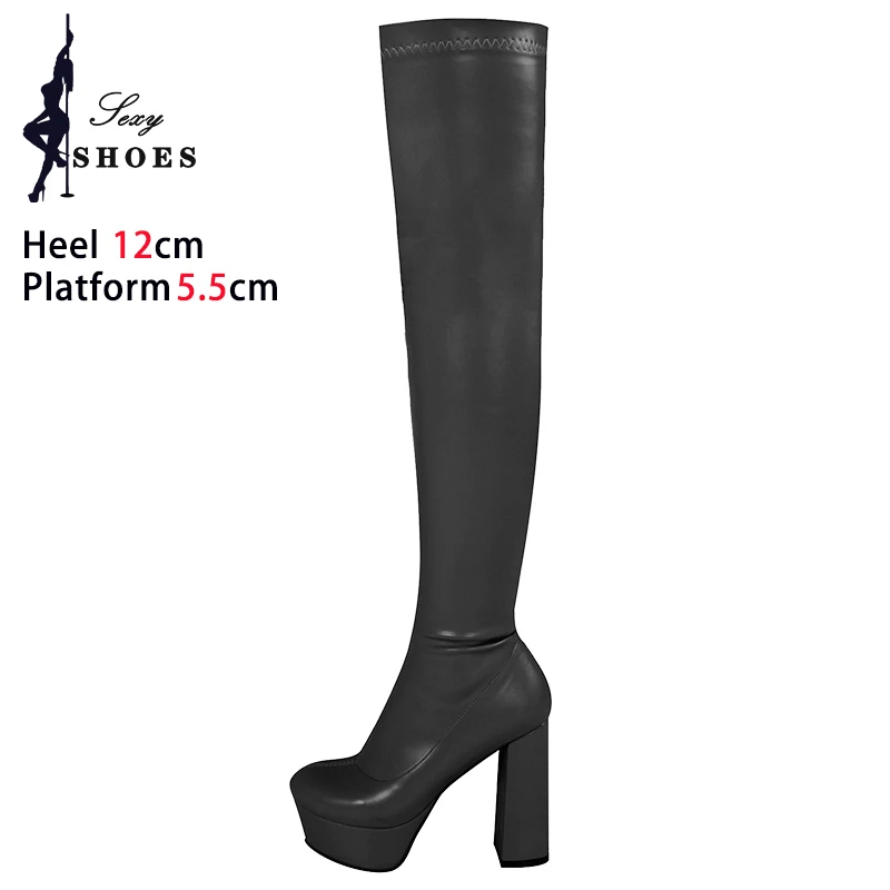 Sexy Thigh Boots Women Chunky Thick Heeled Elastic Over-the-knee Shoes Trendy Lady Leather Long Boots Black Platform High Heels