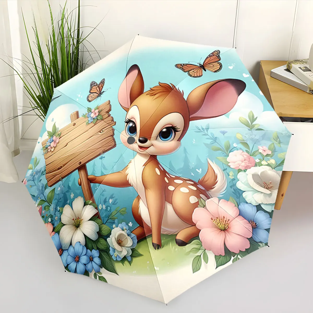 Cute Deer with Wooden Sign Amid Floral Meadow Artwork portable waterproof sun rain umbrella for outdoor travel beach