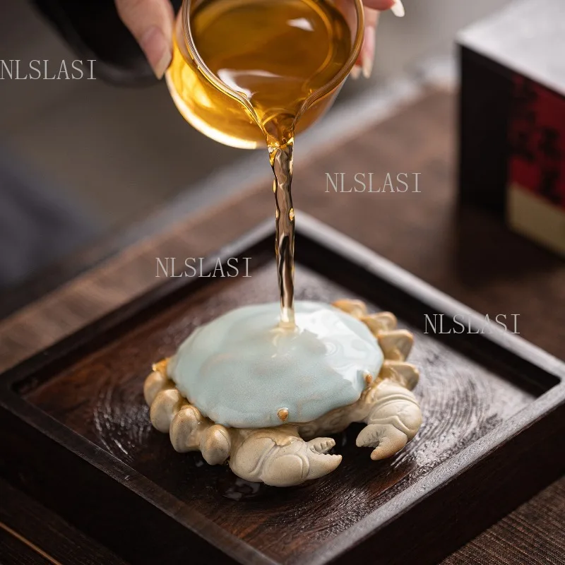 Celadon Ceramic Crab Tea Pet Figurine Realistic Design Lucky Crustacean Statue for Kung Fu Tea Table and Feng Shui Decor