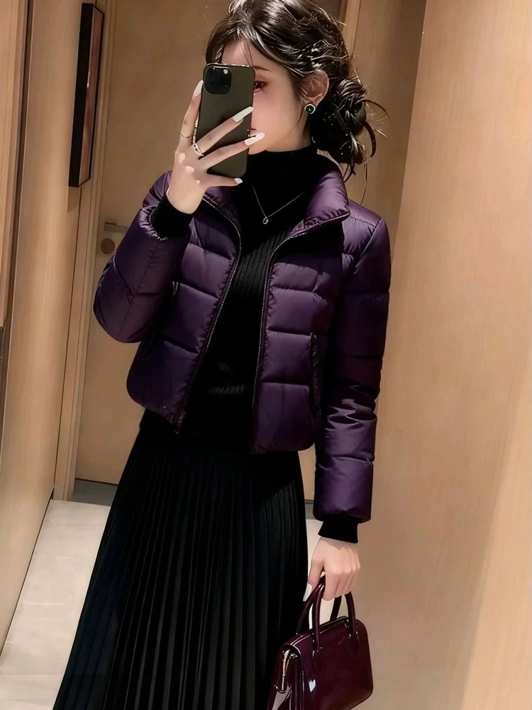 

Женская утепленная короткая куртка Slim Fit из хлопка с пуховым наполнителем, фиолетовая, с воротником-стойкой, теплая, стильная, модная, в корейском стиле, на молнии