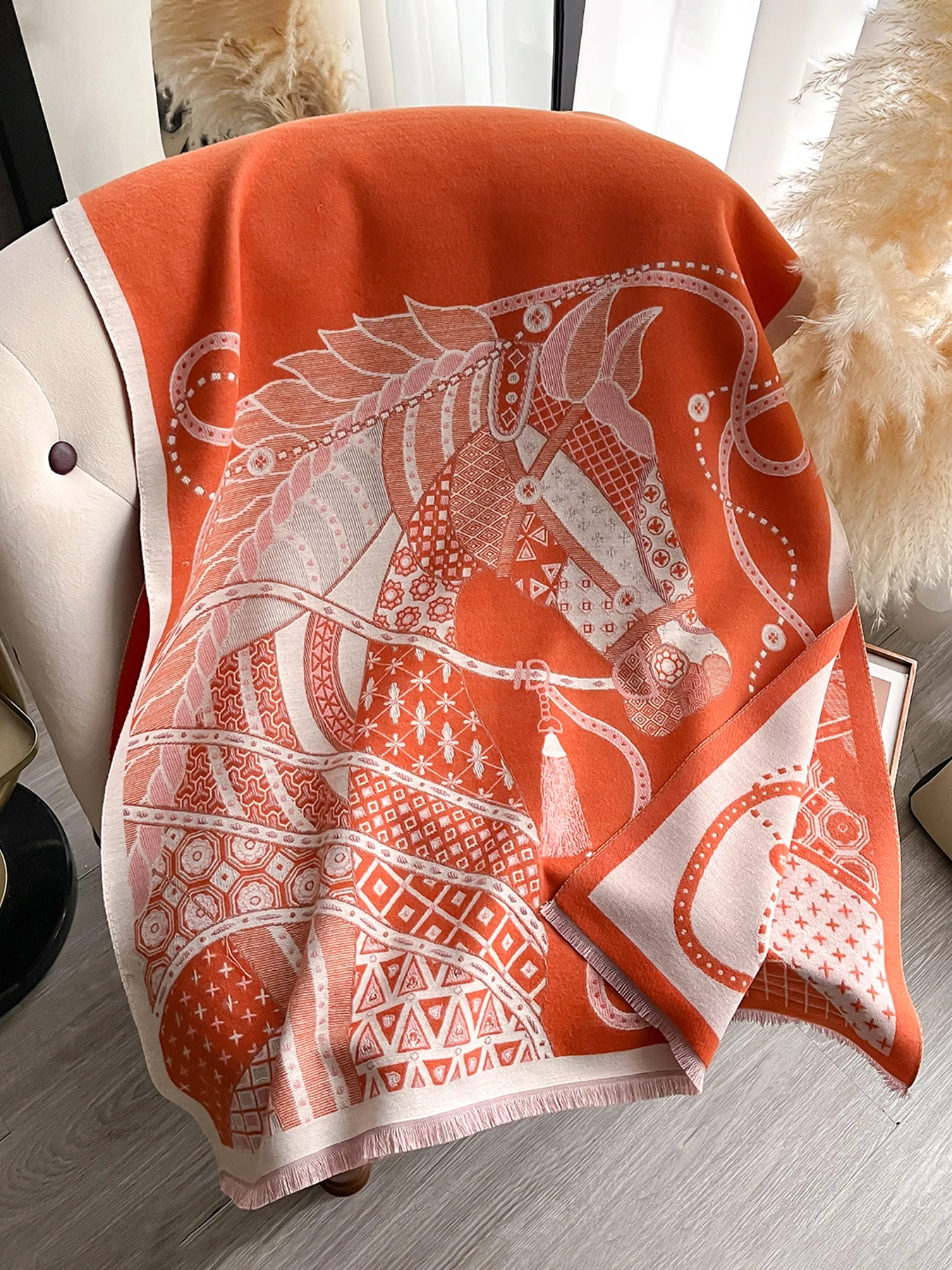 Eleganter Pashmina-Schal mit Pferdemuster für Damen, luxuriöser Kaschmir-Schal, dick, warm, Herbst- und Winterdecke, Stola, langes Design – Detail 3