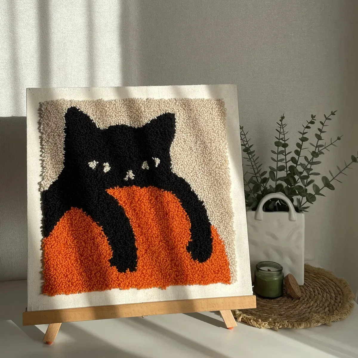 Black Cat Punch Needle Embroidery Kit Easy Craft Wool Poke Embroidery Kit for Beginner DIY Cross Stitch Kit Handcraft Home Decor
