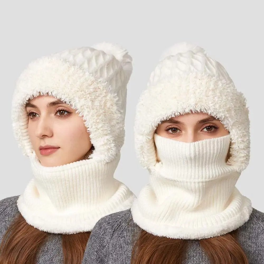 

Fashion Plush Winter Cap Mask Set Windproof Thicken Warm 2in1 Scarf Hat Solid Color Ear Protection Balaclavas Hat Outdoor