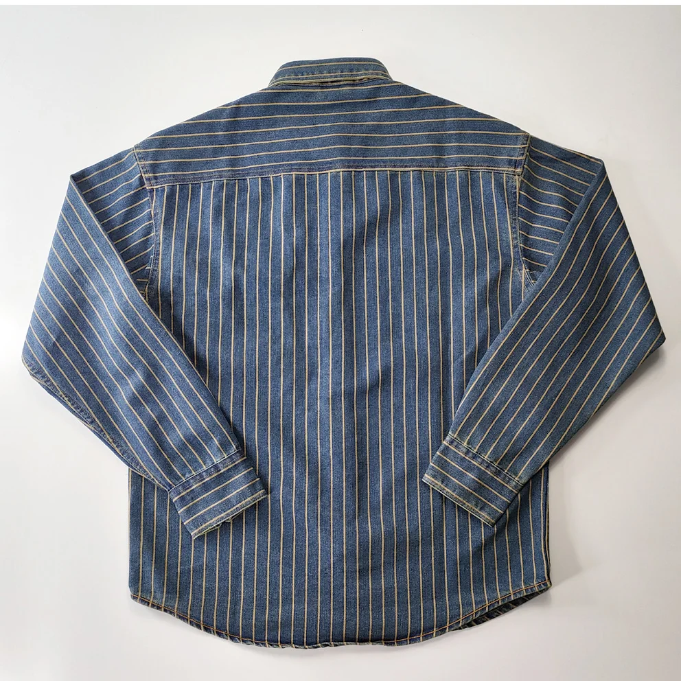 Spring Autumn Men's Fashion Vertical Striped 100% Cotton Washed Denim Shirt American Vintage Casual Long Sleeve Heavyweight Tops