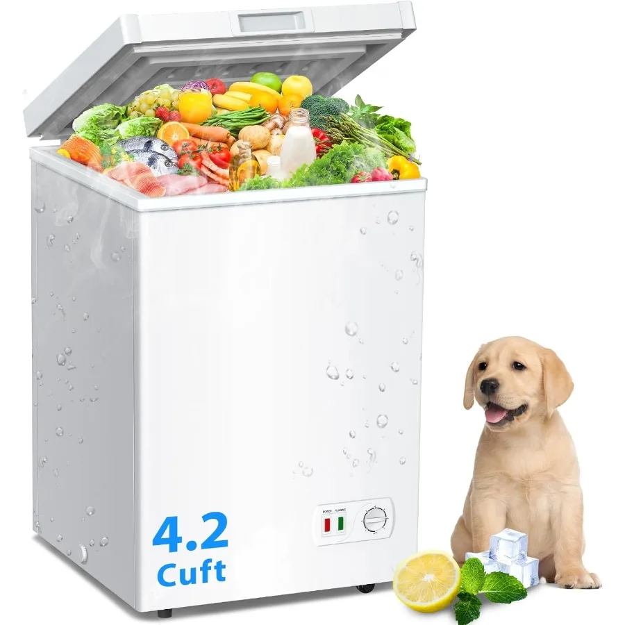 

Small deep freezer with removable basket and wheels for kitchen office garage or apartment 4.2 cubic feet capacity top open loa