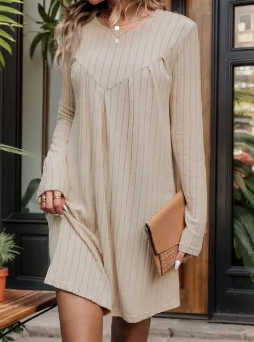 

Autumn Casual Minimalist Style with Pleated Round Neck Solid Color Straight Tube Skirt for Women, Elegant Long Sleeved Dress