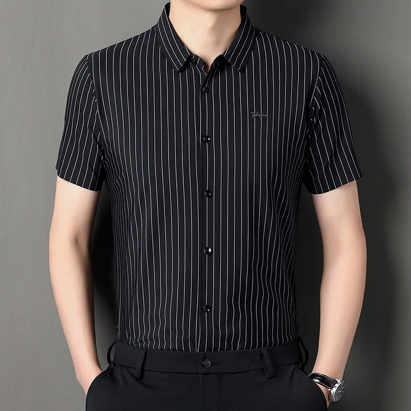 Men Fashion Summer Thin Striped Shirt Mulberry Silk Short-sleeved Shirt