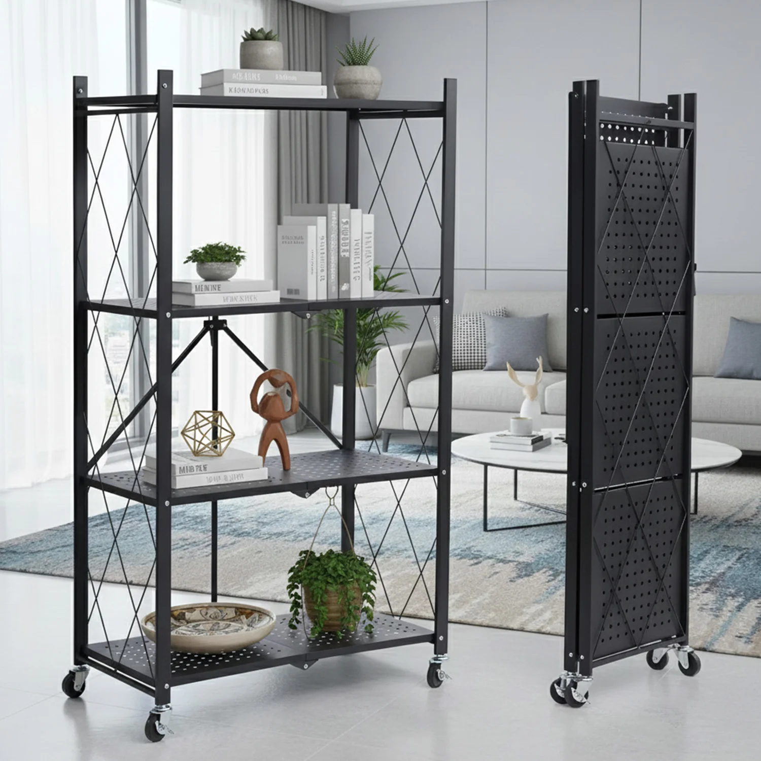 4-stöckiges Faltbares Aufbewahrungsregal mit Rollen, Metallregal, Montagefreier Rollorganizer für Küche, Zuhause, Garage – Detail 3