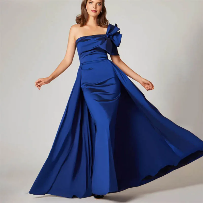 Exquisito vestido de sirena azul real para madre de novia, con lazo, tafetán, un hombro, largo hasta el suelo, vestido Formal de fiesta de boda