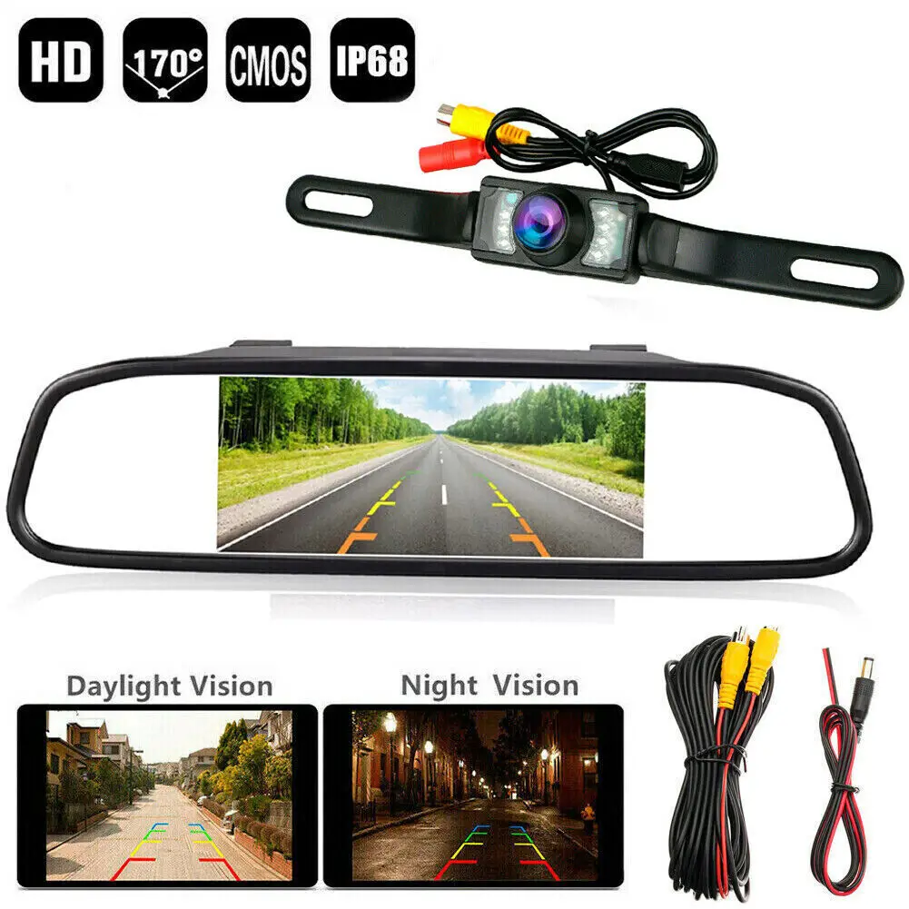 Car Rear View Mirror Backup Camera Parking System Night Vision 5'' Monitor 170°View Angle 480x272TFT-LCD Color Display for Vehic